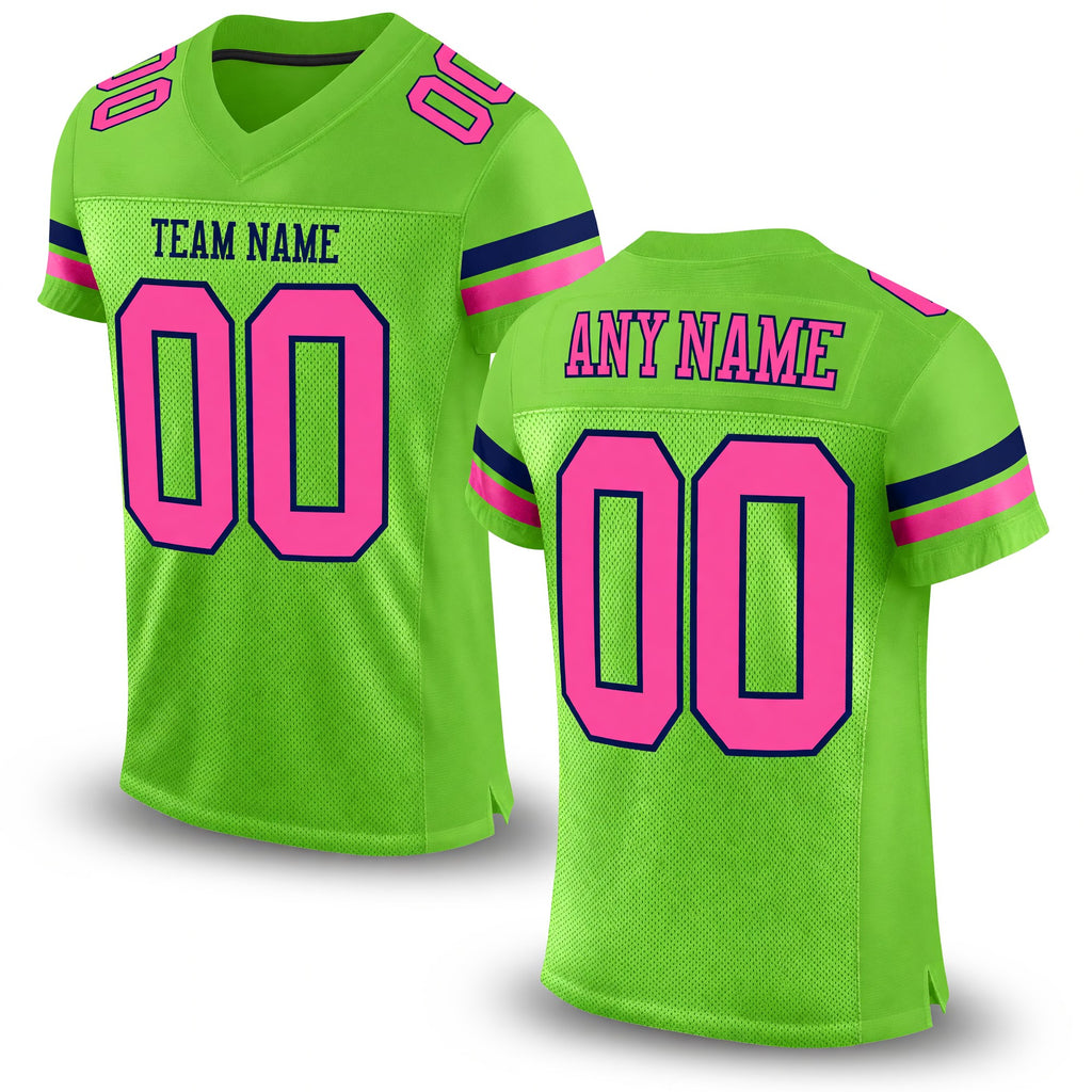 Custom Neon Green Pink-Navy Mesh Authentic Football Jersey