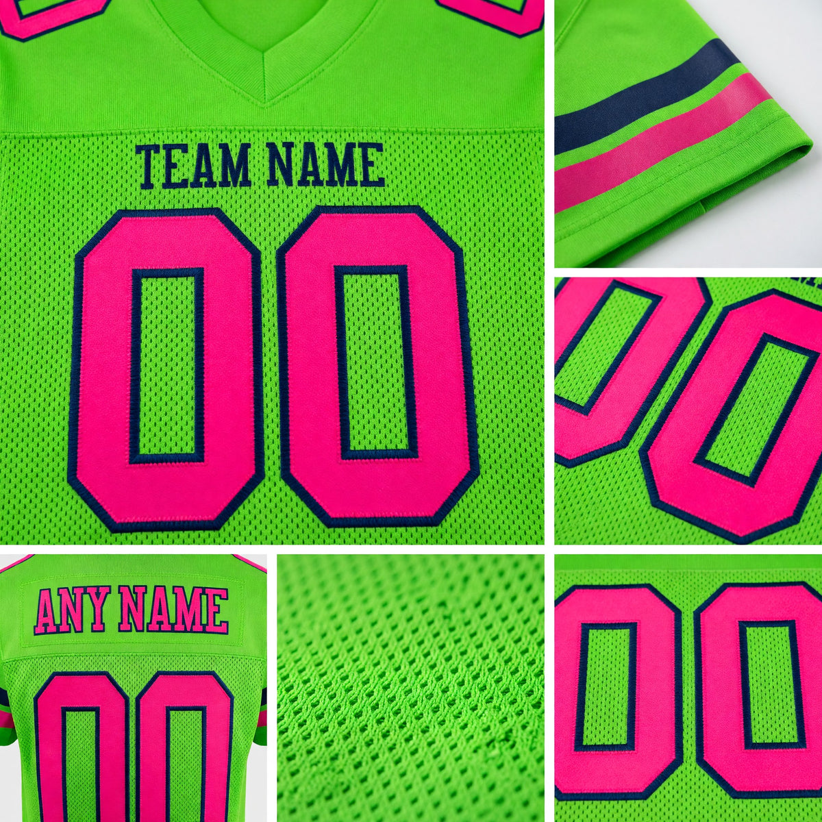 Custom Neon Green Pink-Navy Mesh Authentic Football Jersey detail