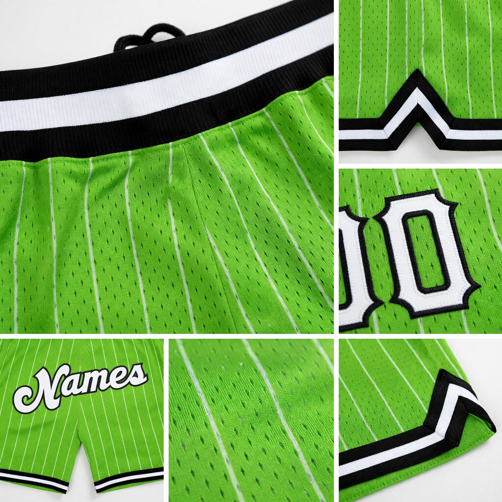 Custom Neon Green White Pinstripe White-Black Authentic Basketball Shorts detail