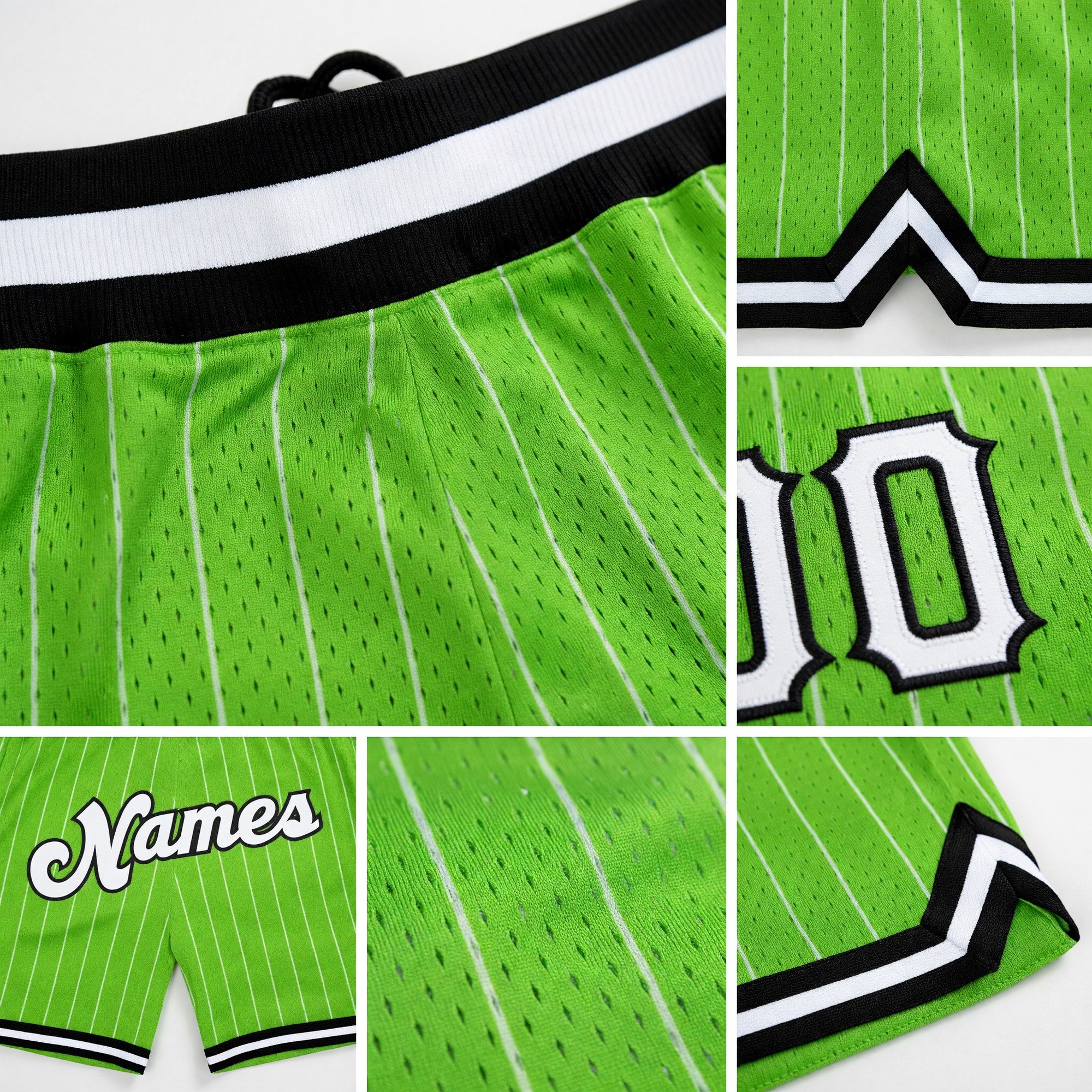 Custom Neon Green White Pinstripe White-Black Authentic Basketball Shorts detail