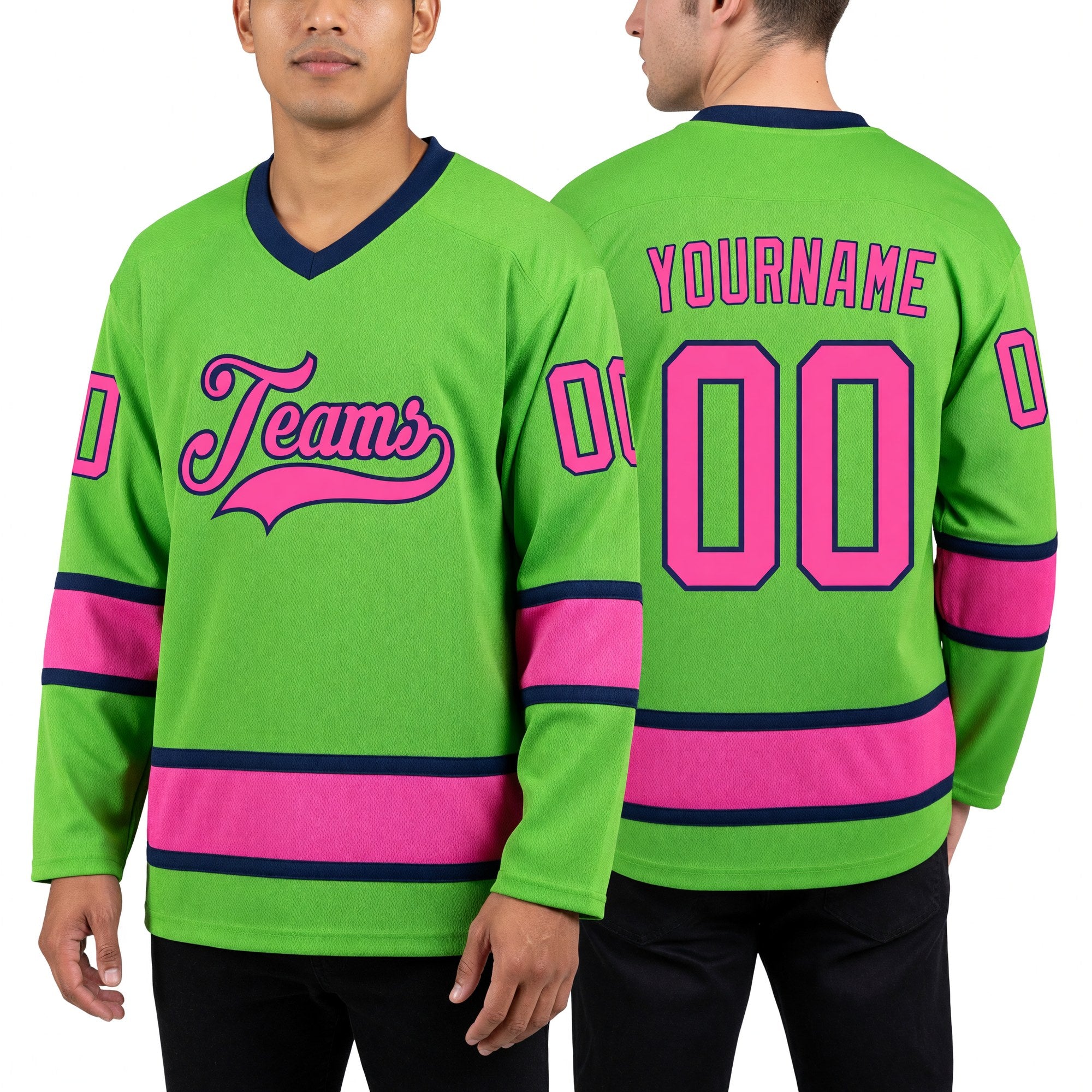 Custom Neon Green Pink-Navy Hockey Jersey worn front and back