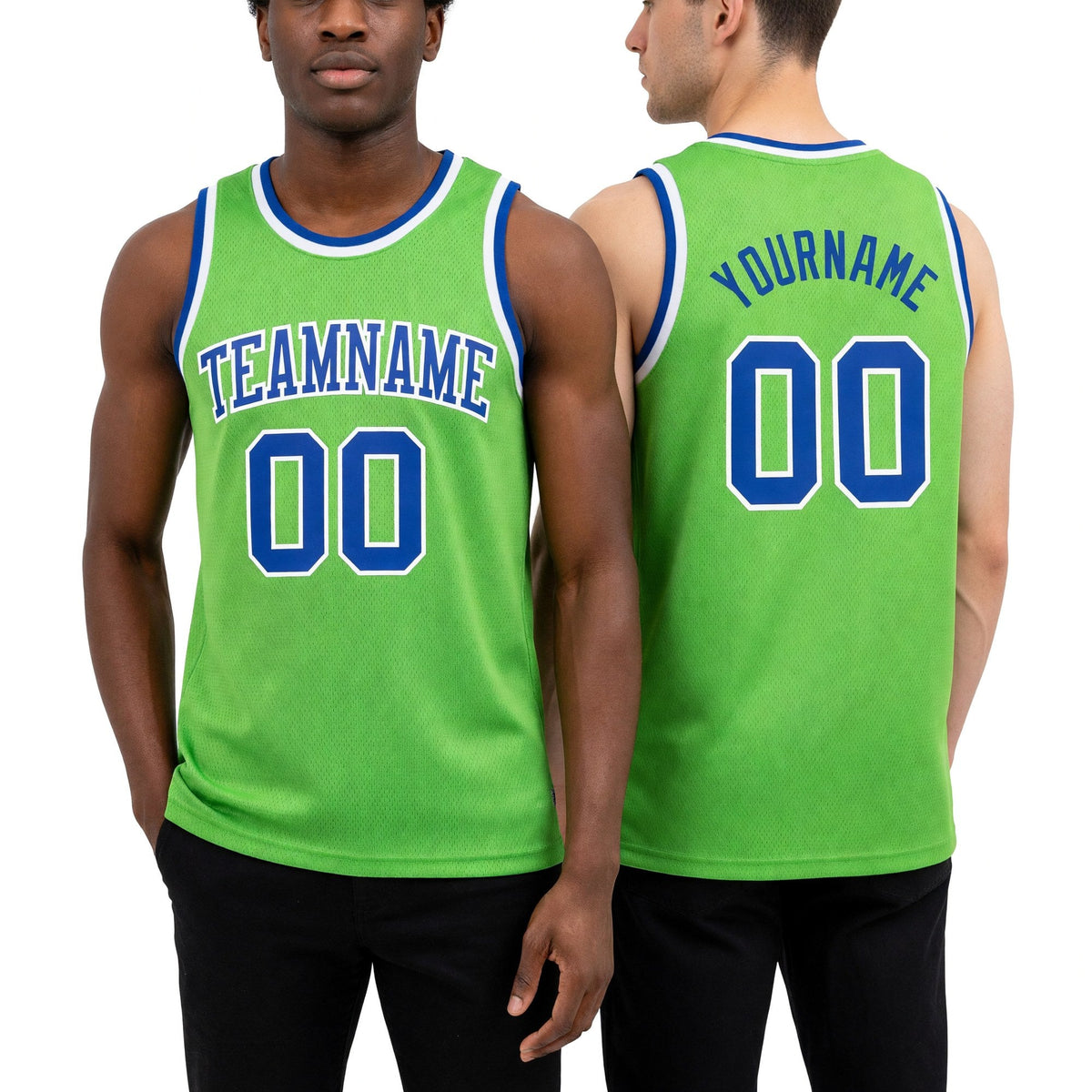 Custom Neon Green Royal-White Authentic Basketball Jersey worn front and back
