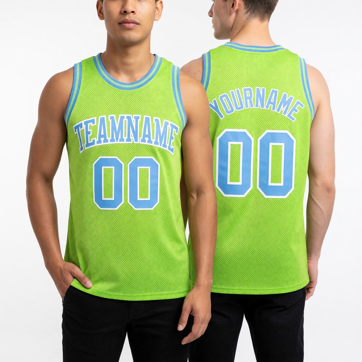 Custom Neon Green Light Blue-White Authentic Throwback Basketball Jersey worn front and back