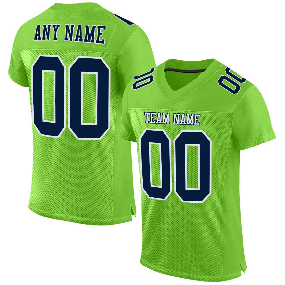 Custom Neon Green Navy-White Mesh Authentic Football Jersey photo 1