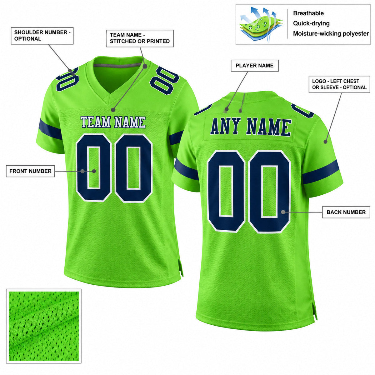 Custom Neon Green Mesh Authentic Football Jersey with Navy and White Lettering Design 0085 customization guide