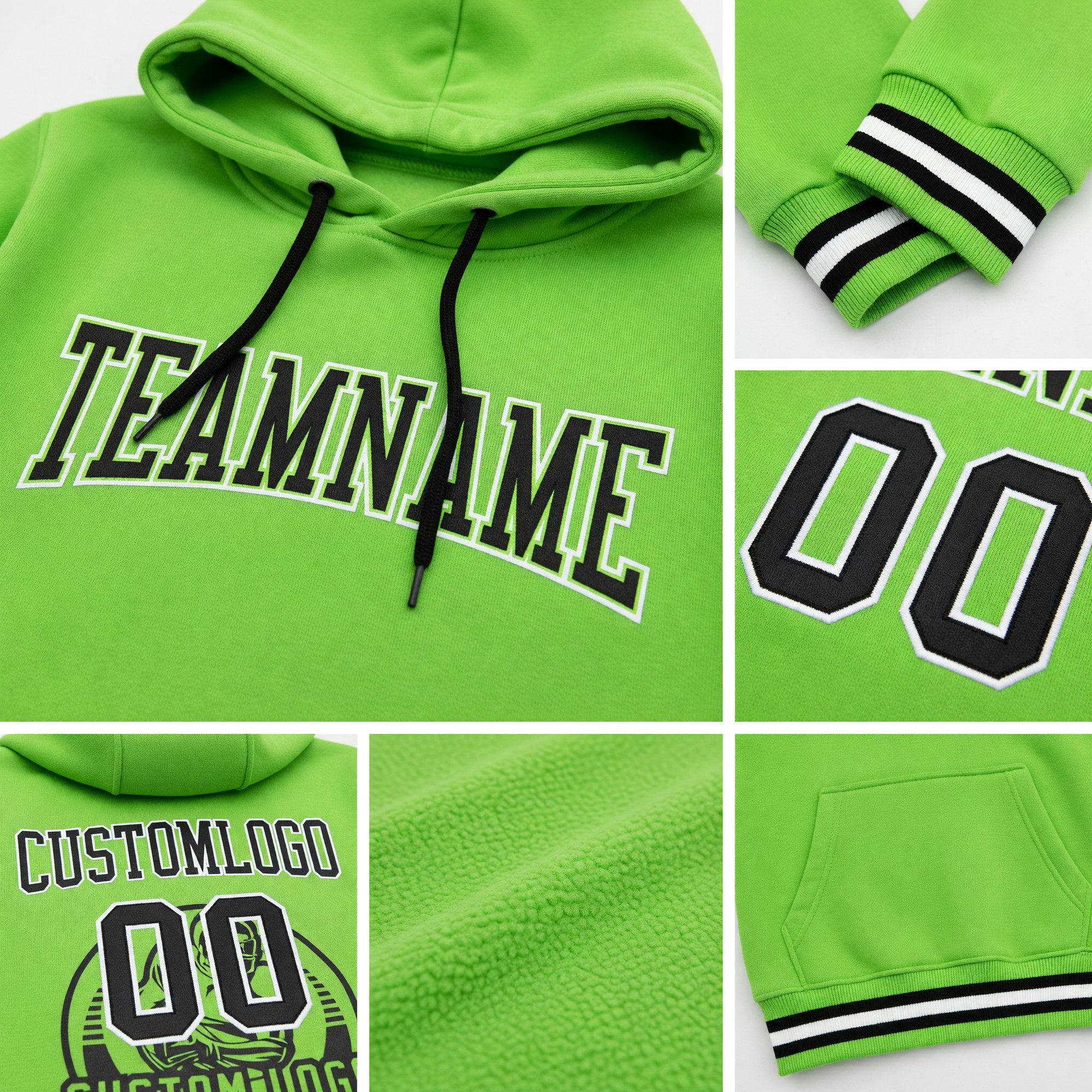 Custom Stitched Neon Green Black-White Football Pullover Sweatshirt Hoodie detail