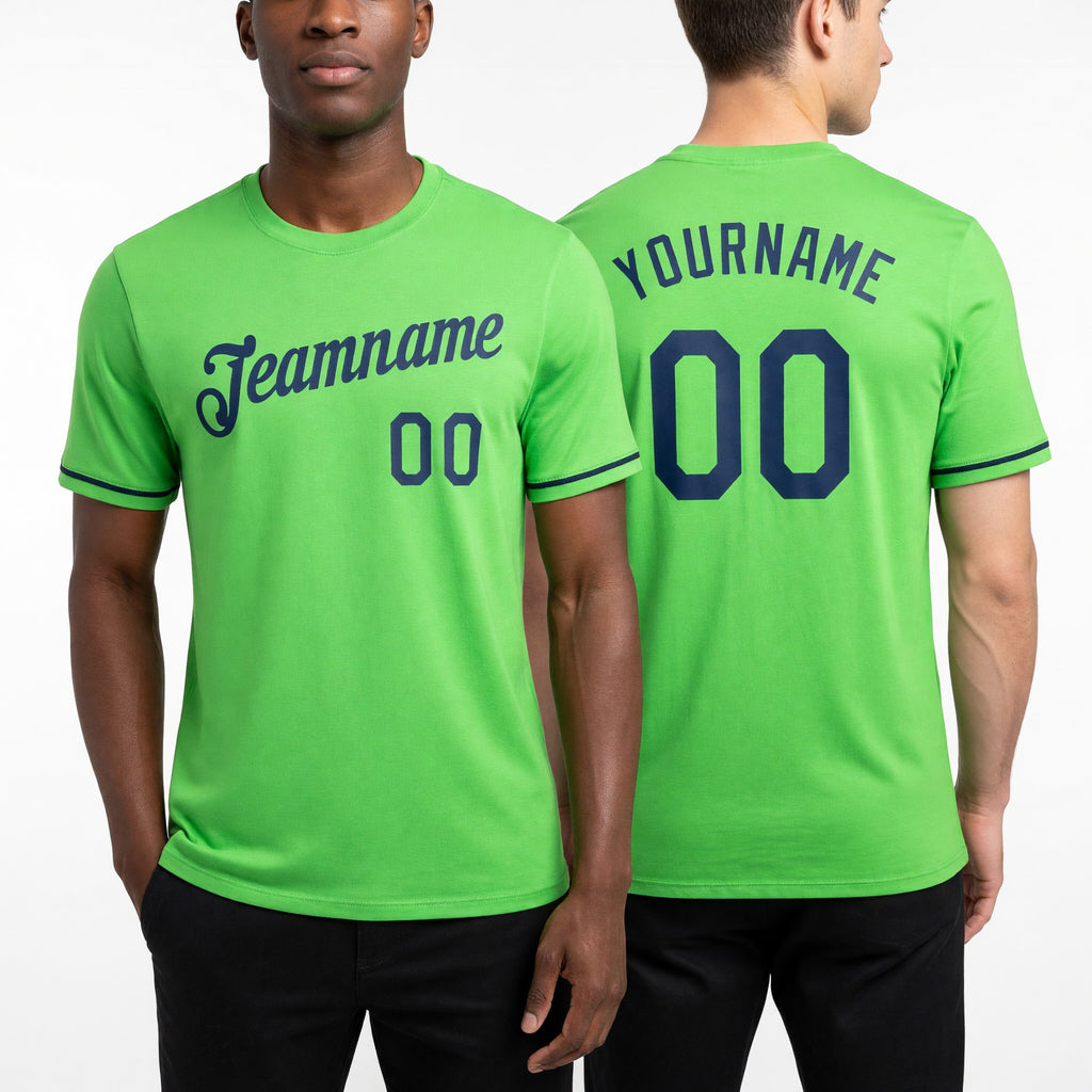 Custom Neon Green Navy Performance T-Shirt worn front and back