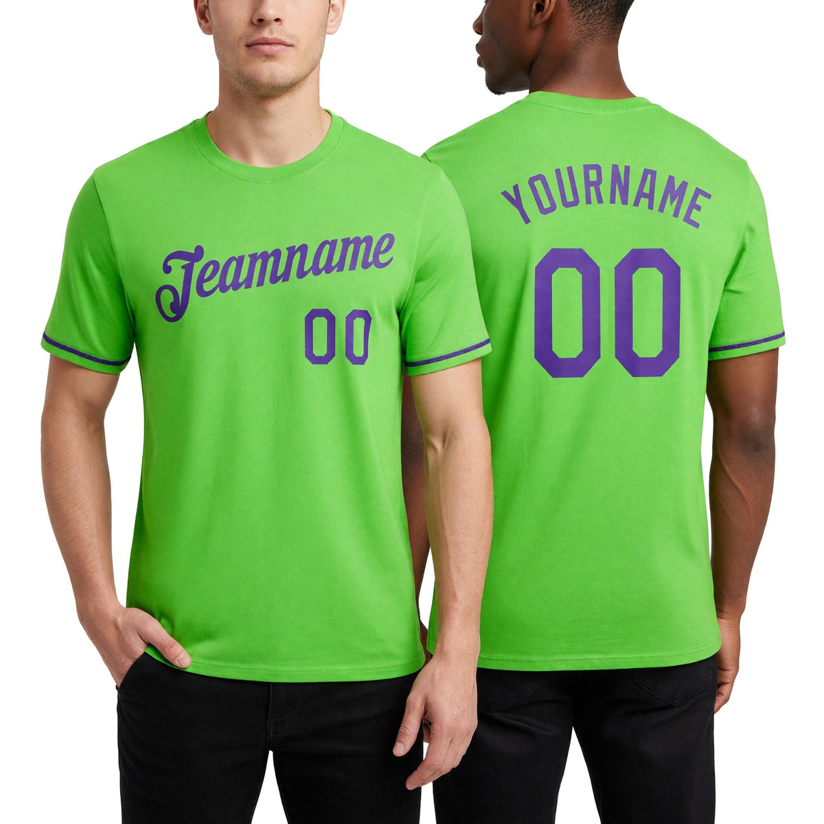 Custom Neon Green Purple Performance T-Shirt worn front and back