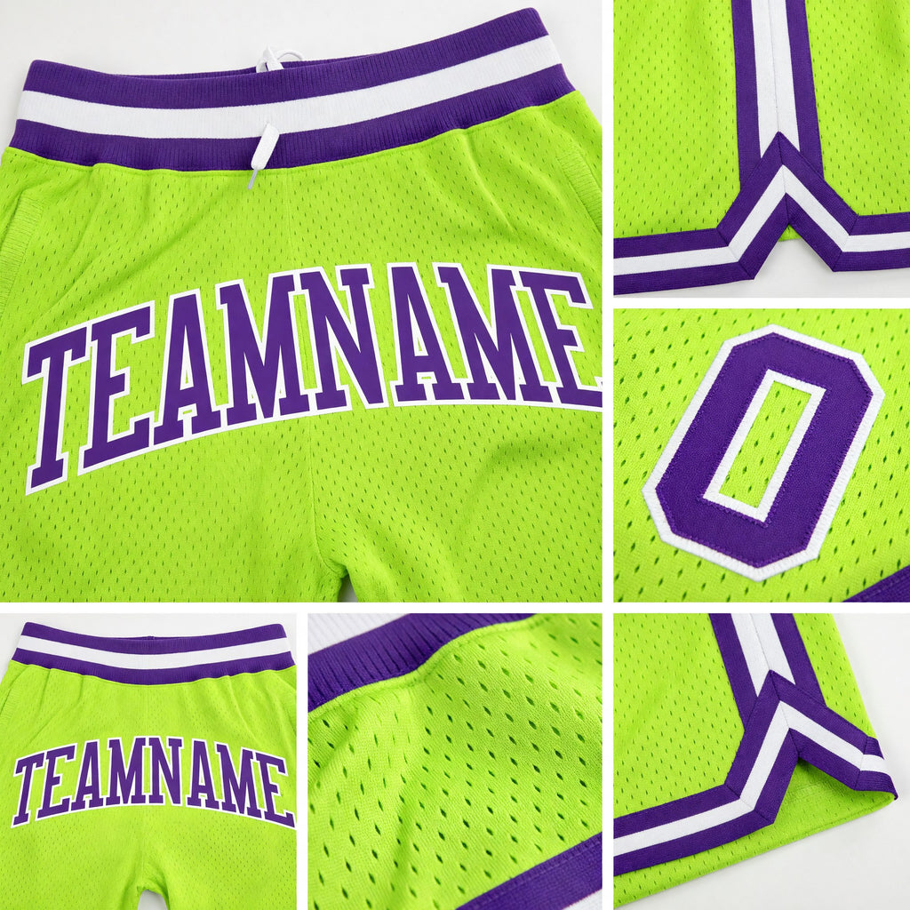 Custom Neon Green Purple-White Authentic Throwback Basketball Shorts detail