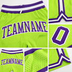Custom Neon Green Purple-White Authentic Throwback Basketball Shorts detail