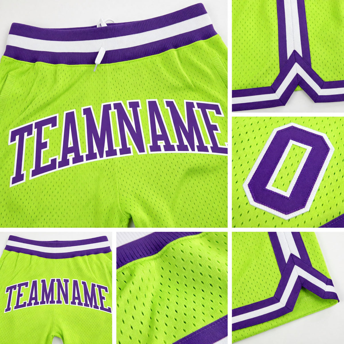 Custom Neon Green Purple-White Authentic Throwback Basketball Shorts detail