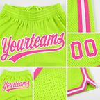 Custom Neon Green Pink-White Authentic Throwback Basketball Shorts detail