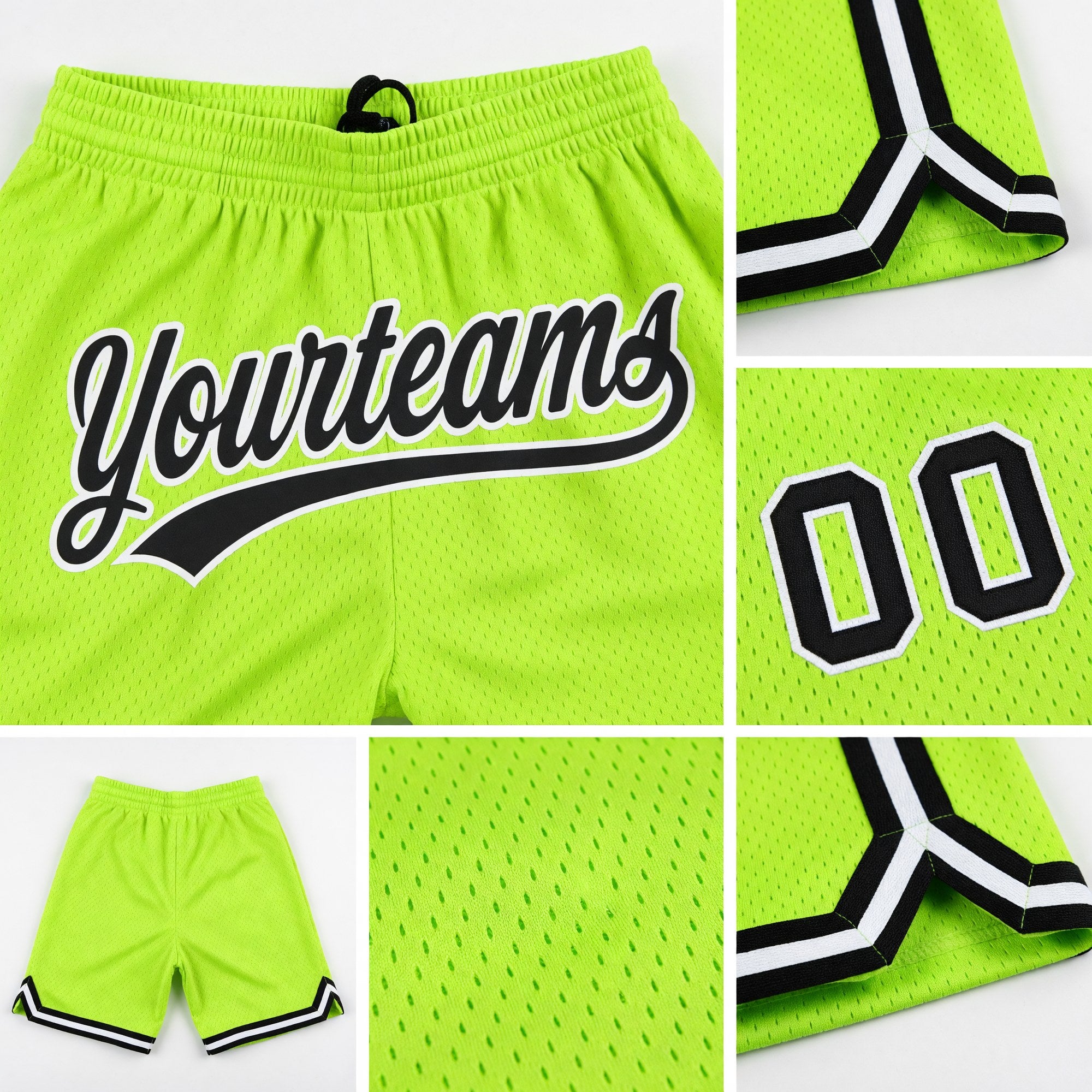 Custom Neon Green Black-White Authentic Throwback Basketball Shorts detail
