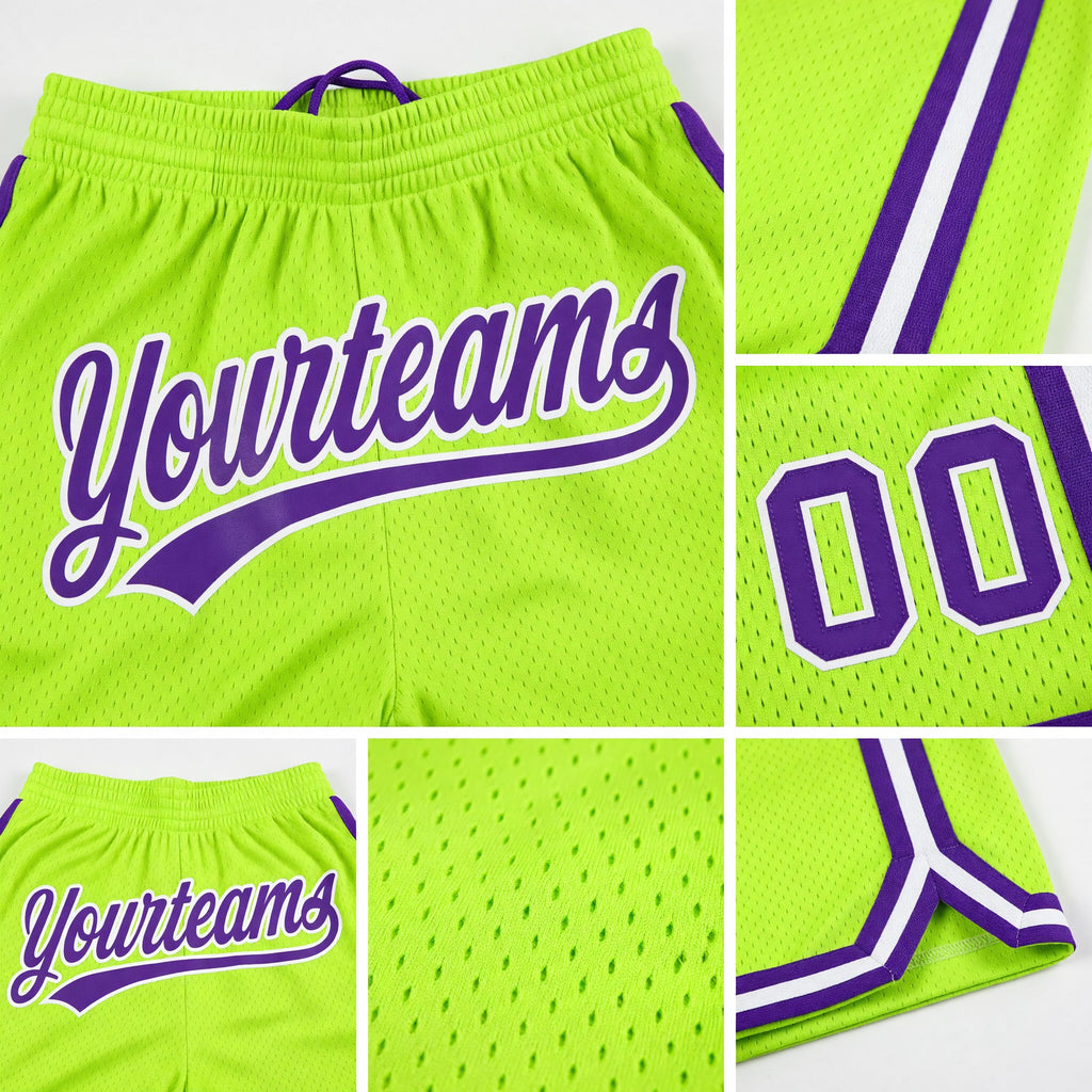 Custom Neon Green Purple-White Authentic Throwback Basketball Shorts detail