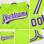 Custom Neon Green Purple-White Authentic Throwback Basketball Shorts detail