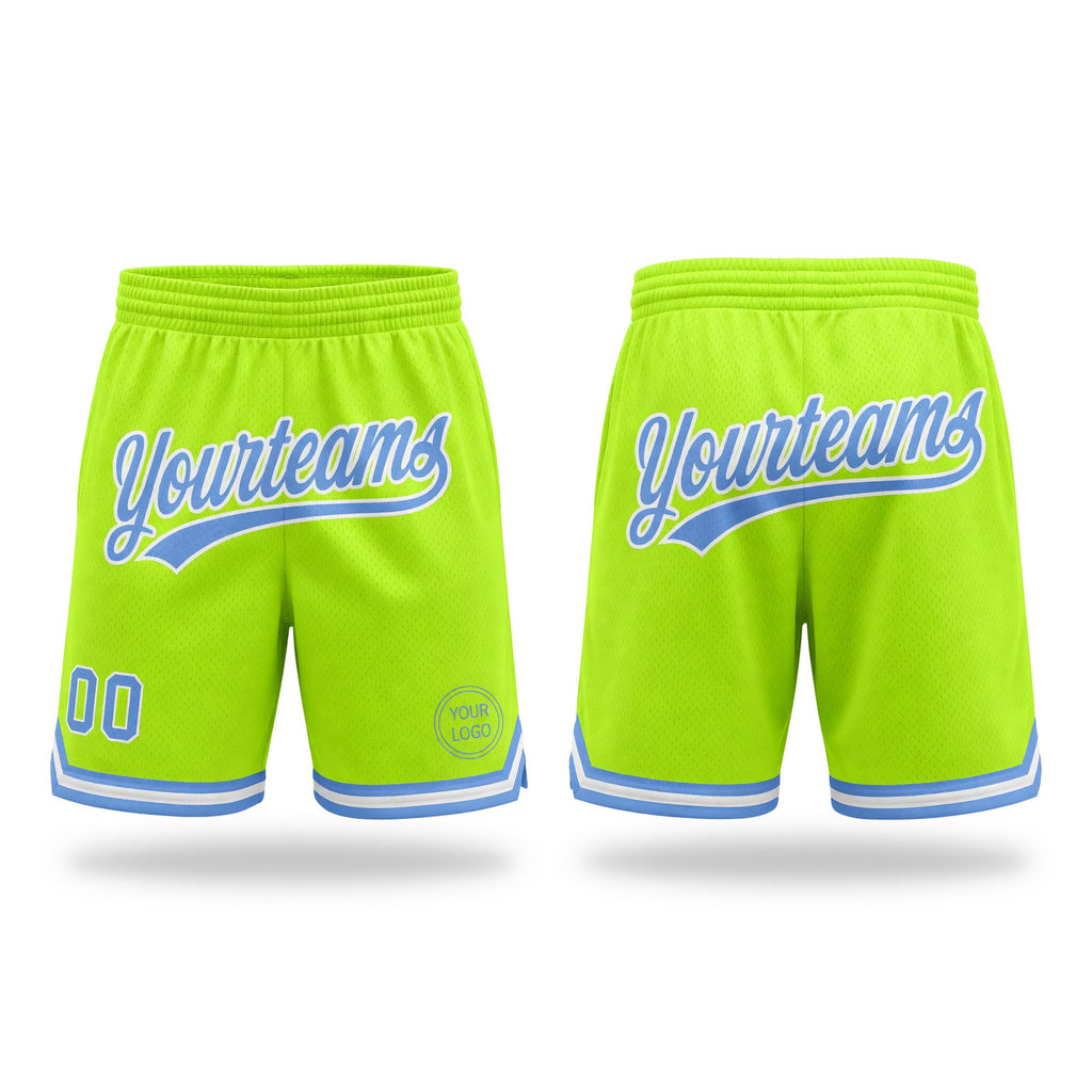 Custom Neon Green Light Blue-White Authentic Throwback Basketball Shorts