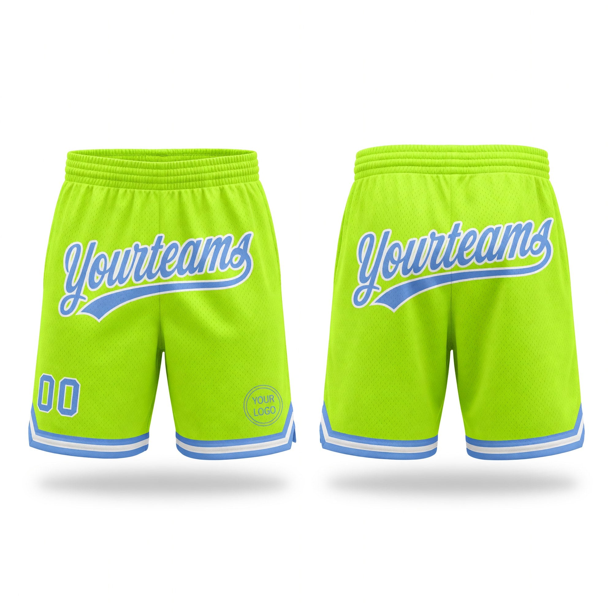 Custom Neon Green Light Blue-White Authentic Throwback Basketball Shorts