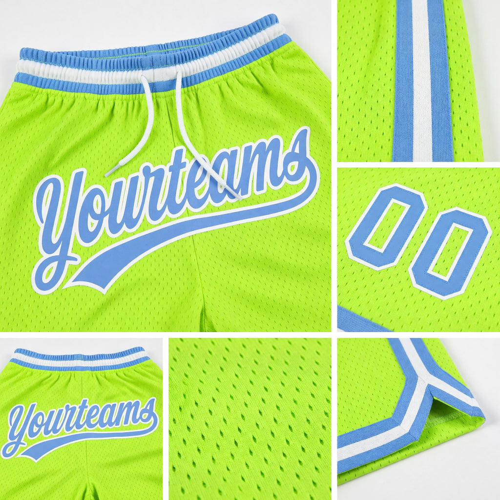 Custom Neon Green Light Blue-White Authentic Throwback Basketball Shorts detail