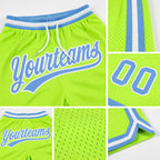 Custom Neon Green Light Blue-White Authentic Throwback Basketball Shorts detail
