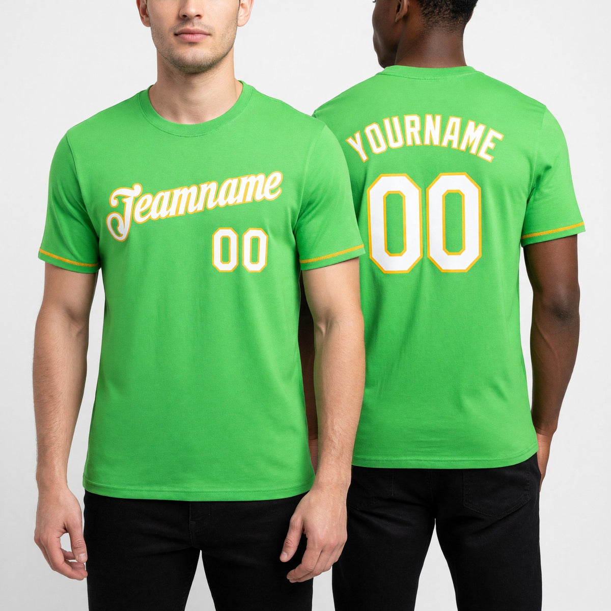 Custom Neon Green White-Yellow Performance T-Shirt worn front and back