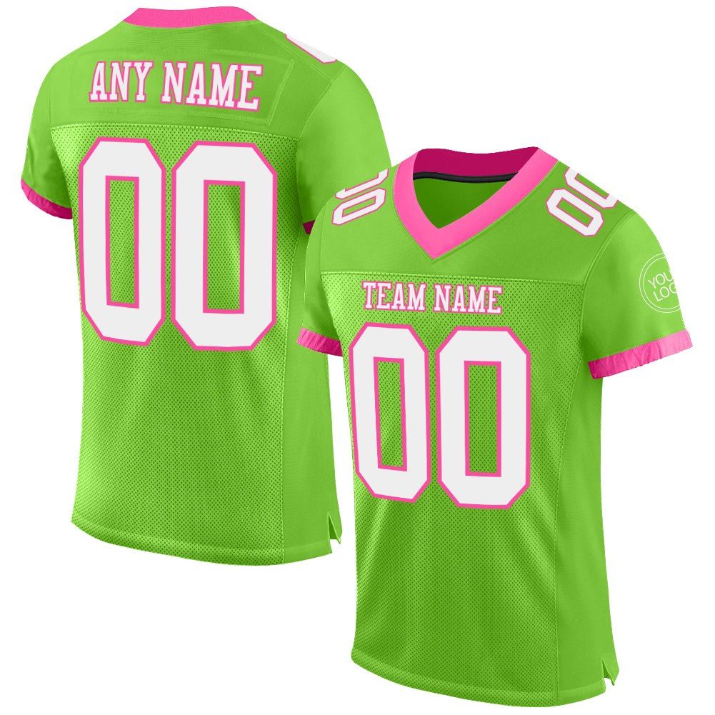 Custom Neon Green White-Pink Mesh Authentic Football Jersey photo 1