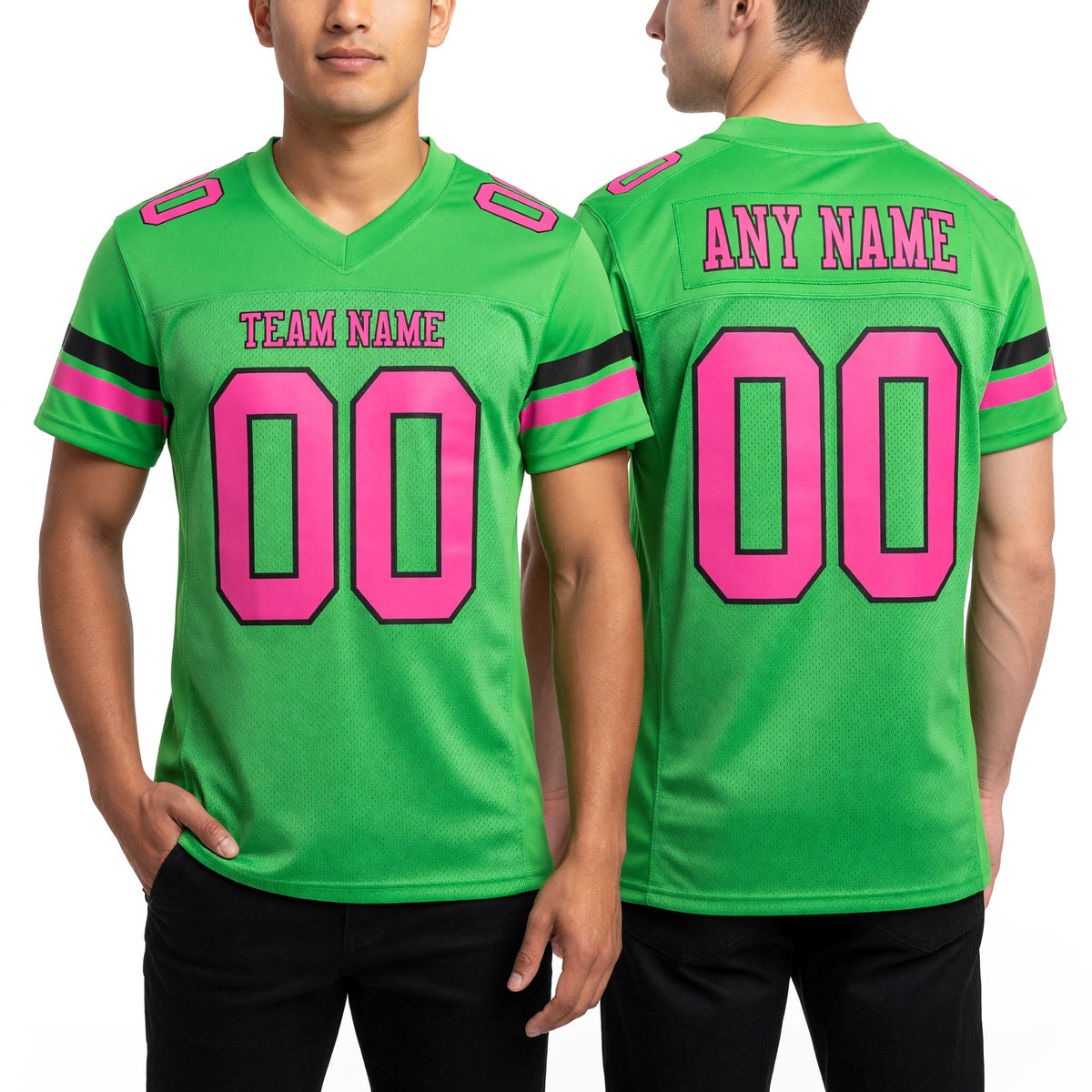 Custom Neon Green Pink-Black Mesh Authentic Football Jersey worn front and back