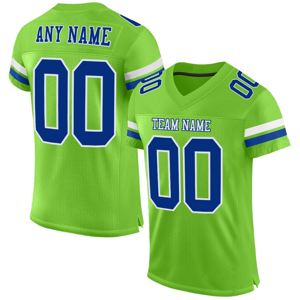 Custom Neon Green Royal-White Mesh Authentic Football Jersey photo 1