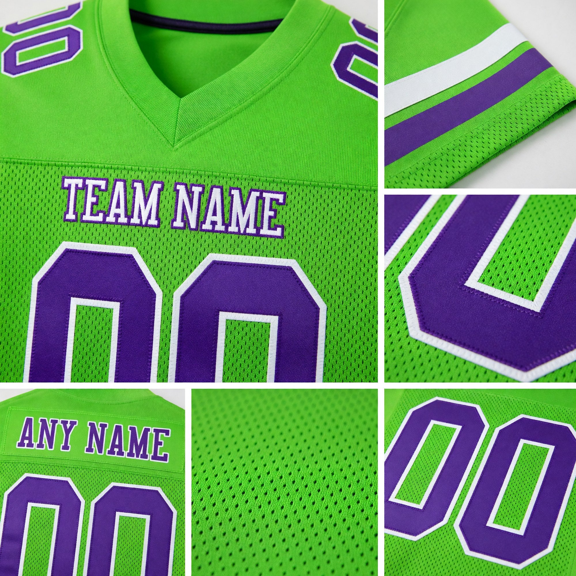 Custom Neon Green Purple-White Mesh Authentic Football Jersey detail