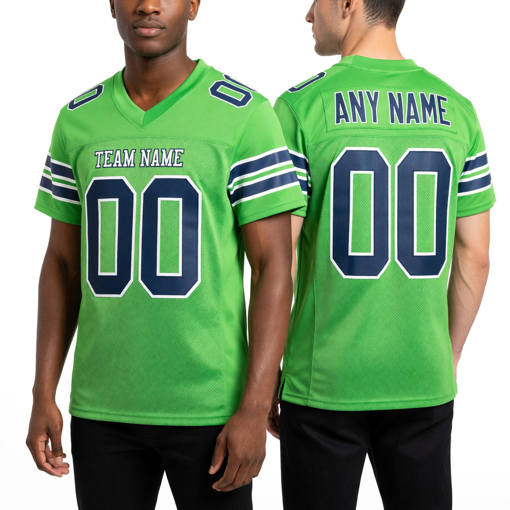 Custom Neon Green Navy-Gray Mesh Authentic Football Jersey worn front and back