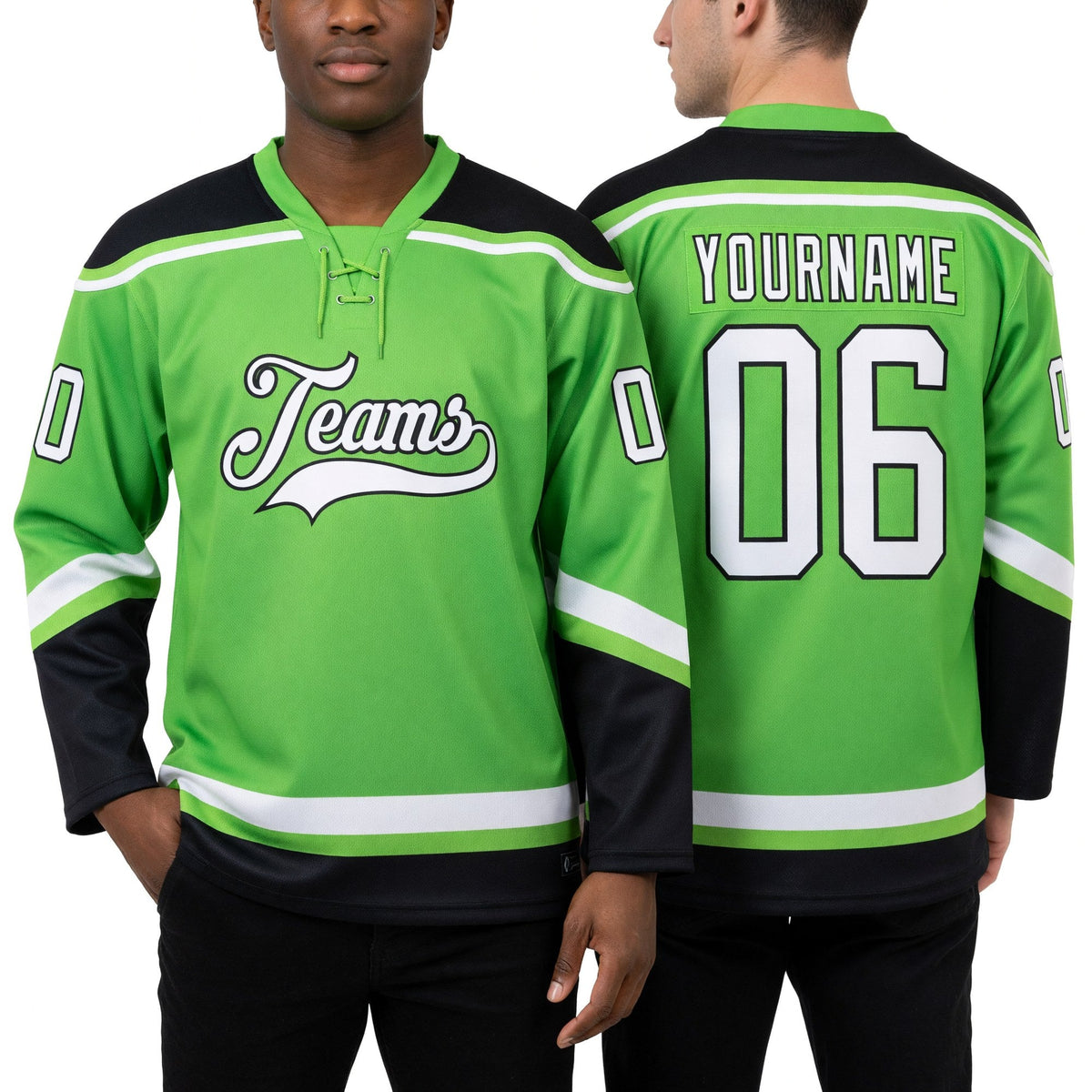Custom Neon Green White-Black Hockey Lace Neck Jersey worn front and back