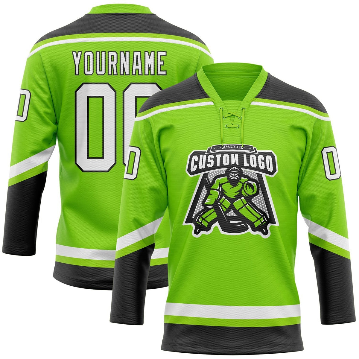 Custom Neon Green White-Black Hockey Lace Neck Jersey photo 2