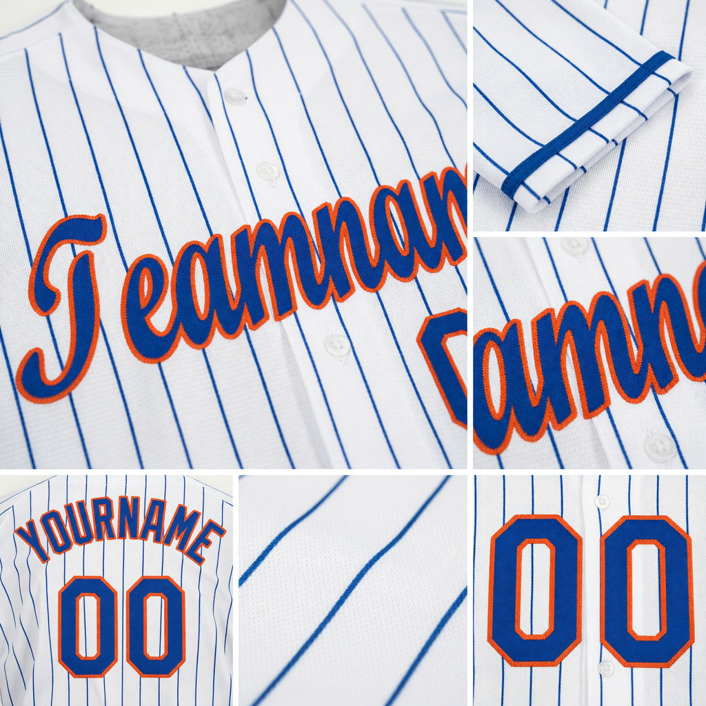 Custom White Royal Pinstripe Royal-Orange Baseball Jersey detail