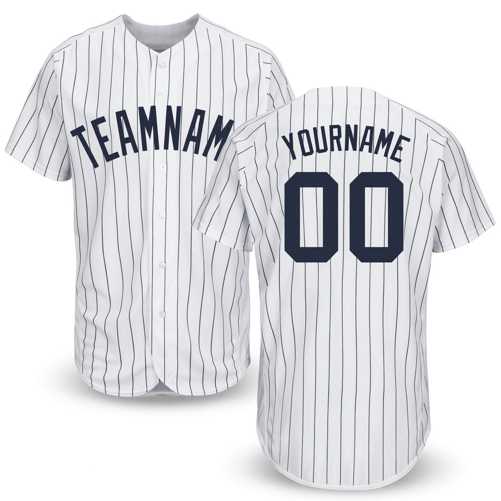 Custom White Navy Pinstripe Navy Baseball Jersey