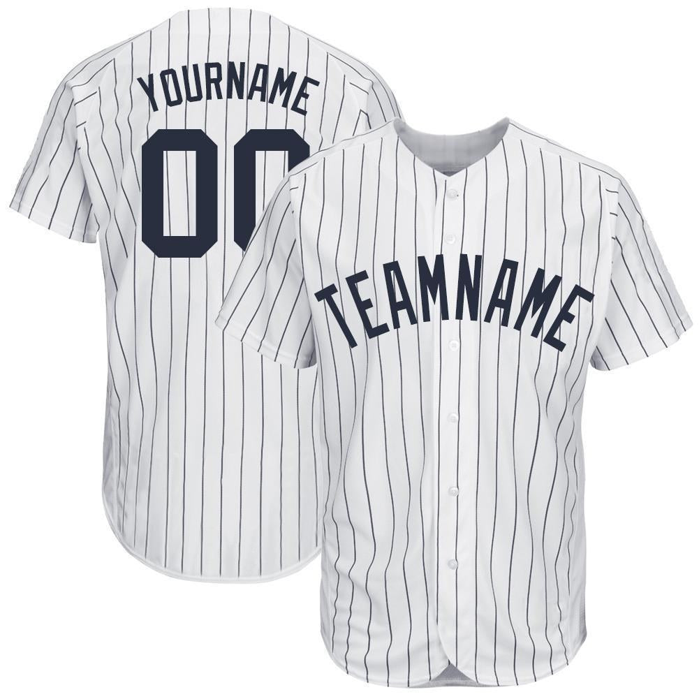 Custom White Navy Pinstripe Navy Baseball Jersey photo 1