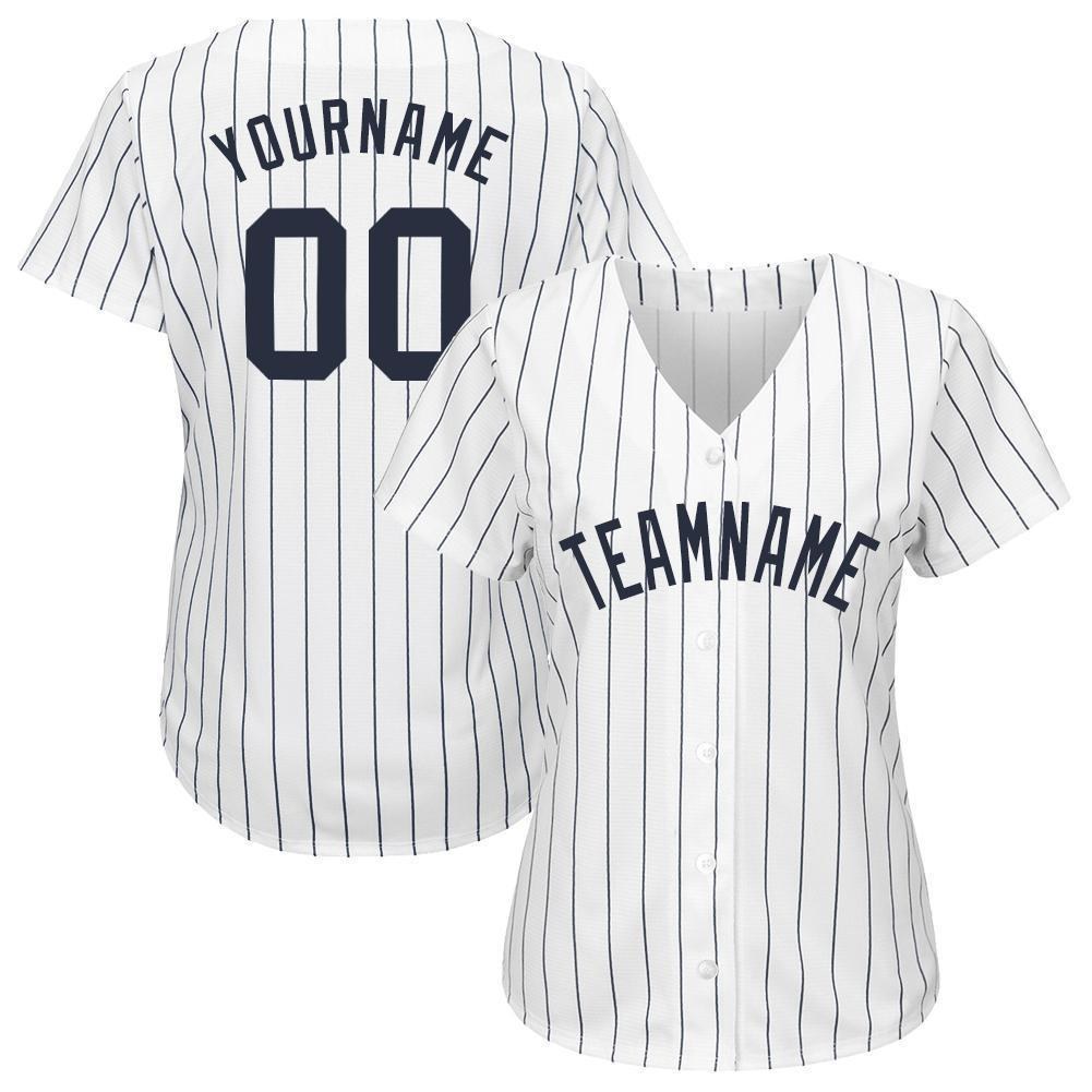 Custom White Navy Pinstripe Navy Baseball Jersey photo 2