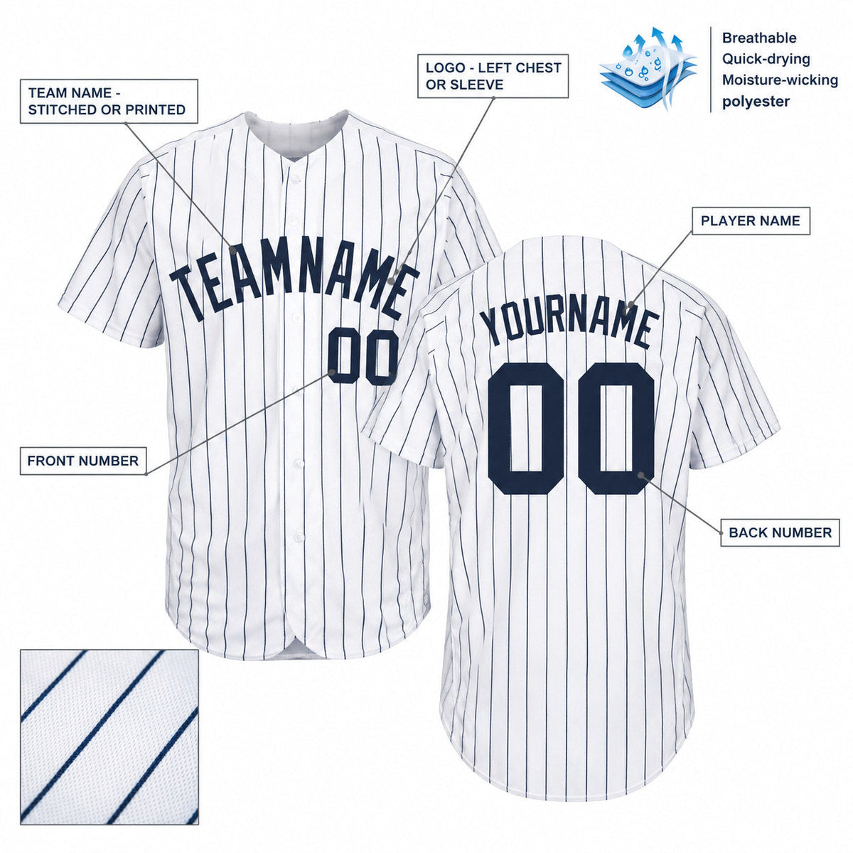 Custom White Pinstripe Baseball Jersey with Navy Lettering customization guide