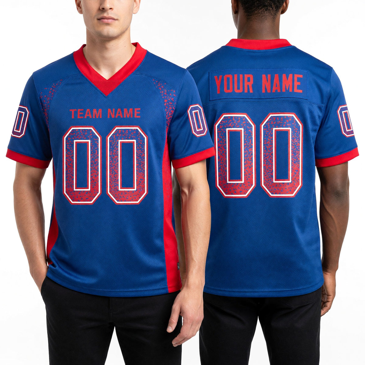 Custom Royal Scarlet-White Drift Fashion Football Jersey worn front and back