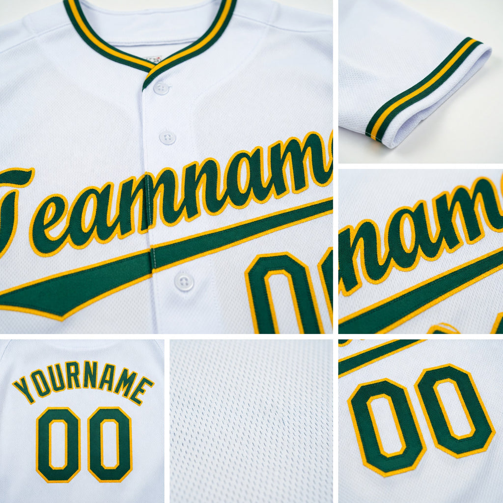 Custom White Green-Gold Baseball Jersey detail