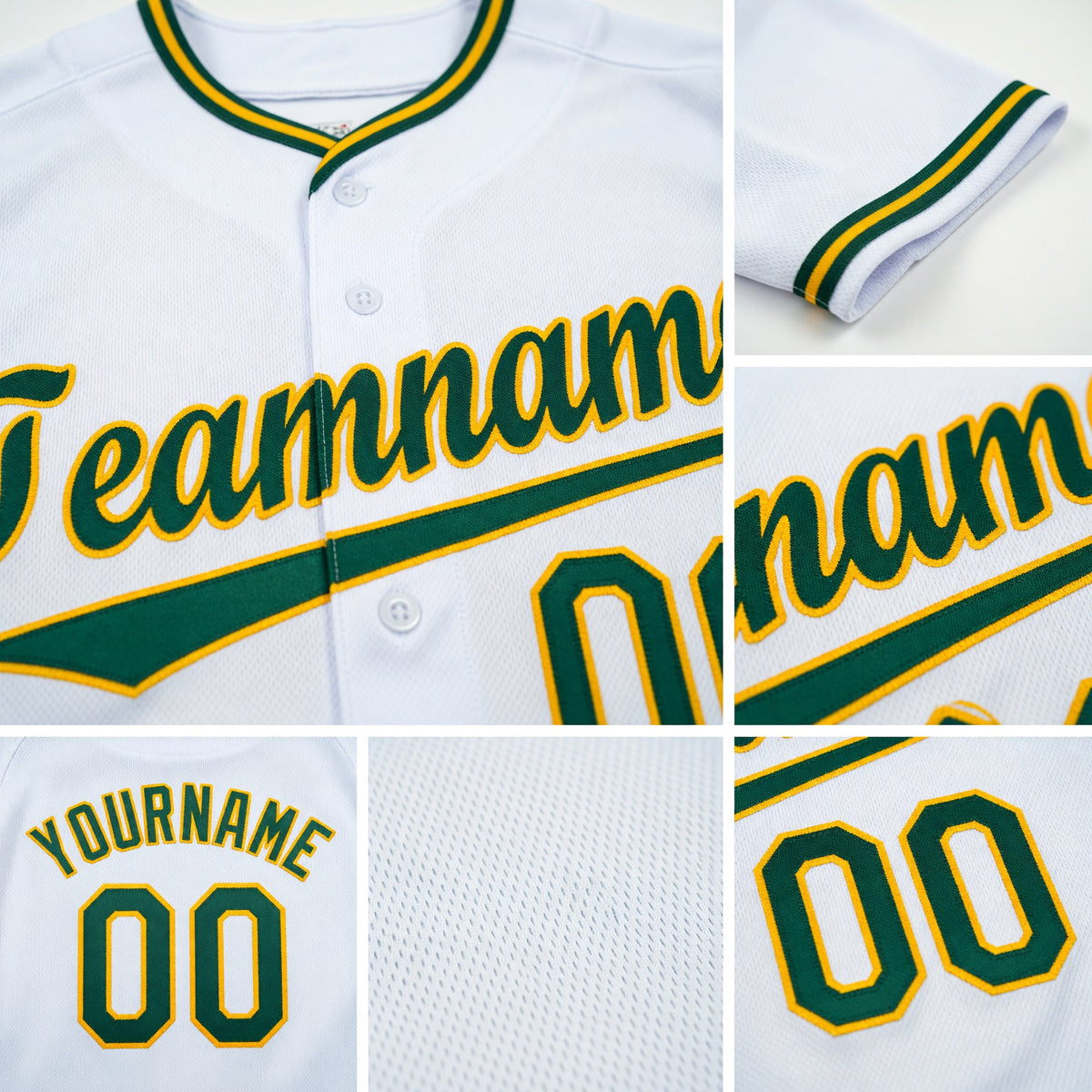 Custom White Green-Gold Baseball Jersey detail