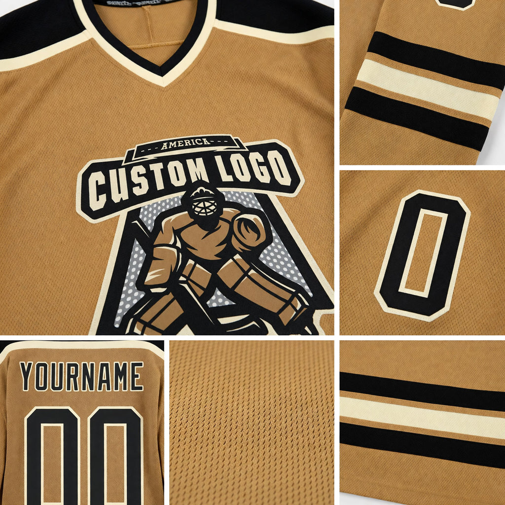 Custom Old Gold Black-Cream Hockey Jersey detail