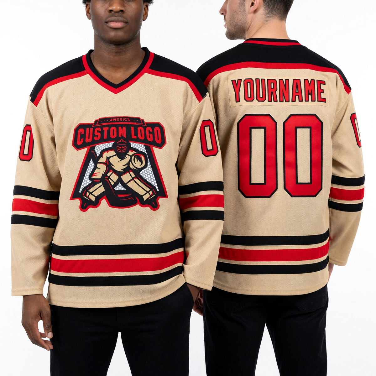 Custom Old Gold Red-Black Hockey Jersey worn front and back