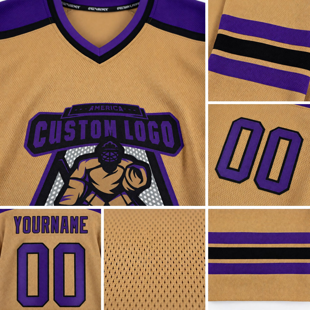 Custom Old Gold Purple-Black Hockey Jersey detail