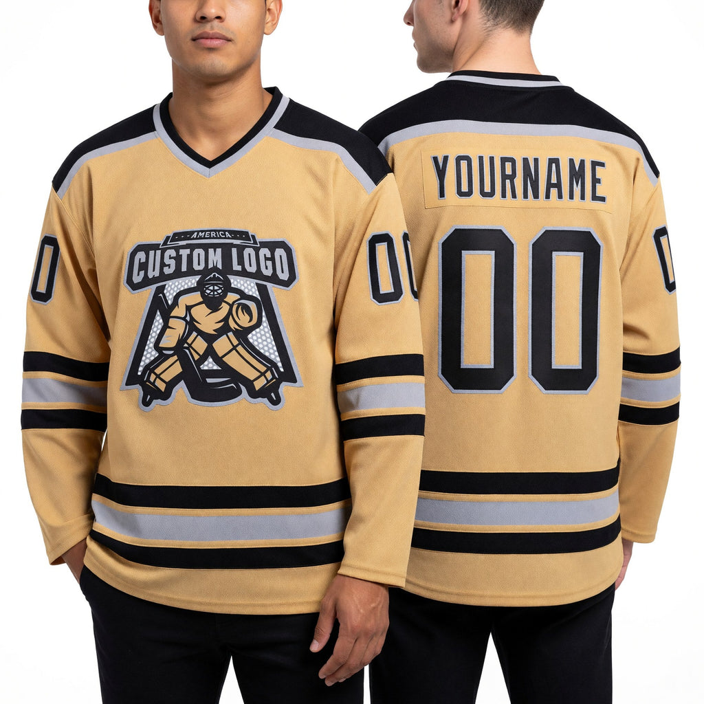 Custom Old Gold Black-Gray Hockey Jersey worn front and back
