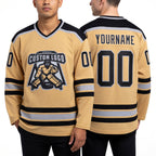 Custom Old Gold Black-Gray Hockey Jersey worn front and back