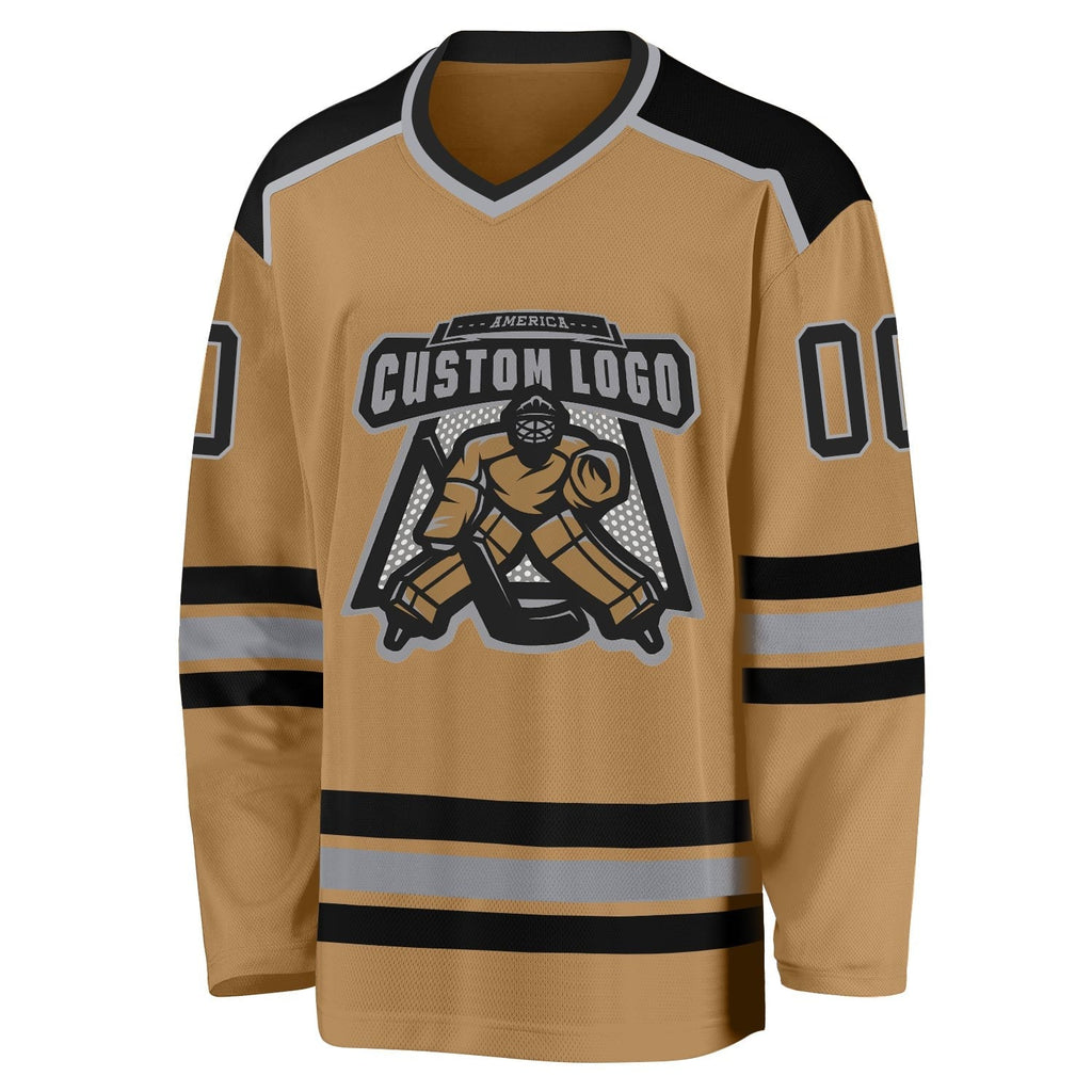 Custom Old Gold Black-Gray Hockey Jersey photo 2