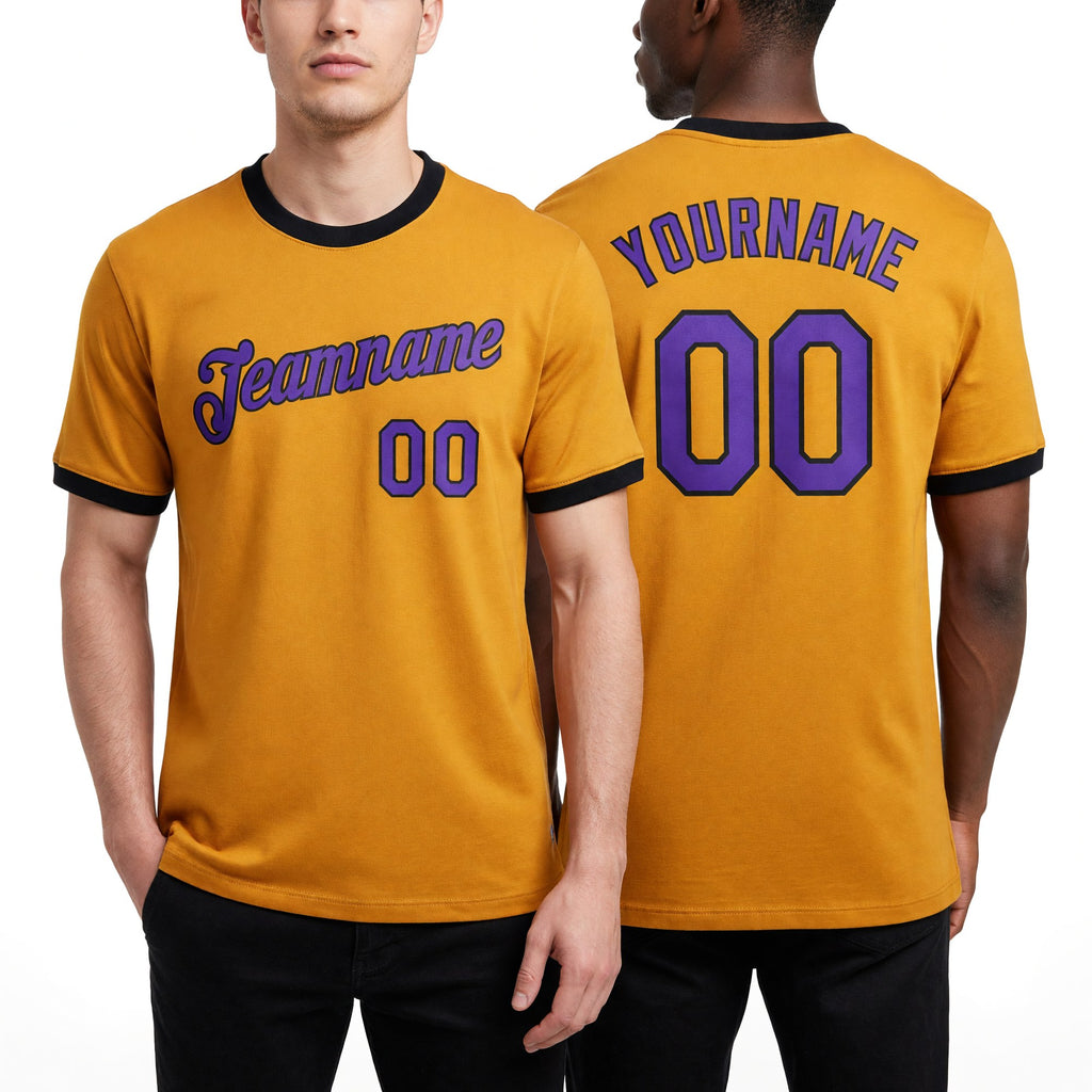 Custom Old Gold Purple-Black Performance T-Shirt worn front and back