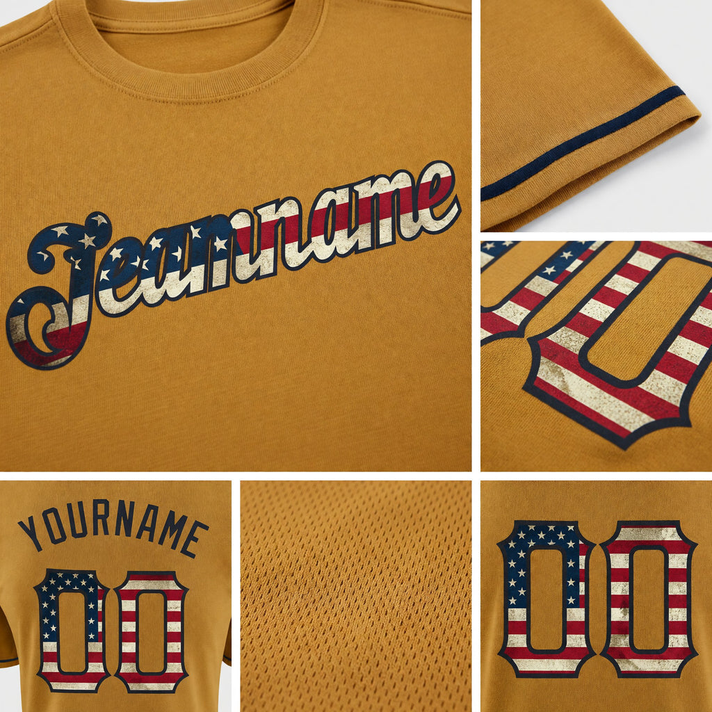 Custom Old Gold Vintage USA Flag-Black Performance T-Shirt detail