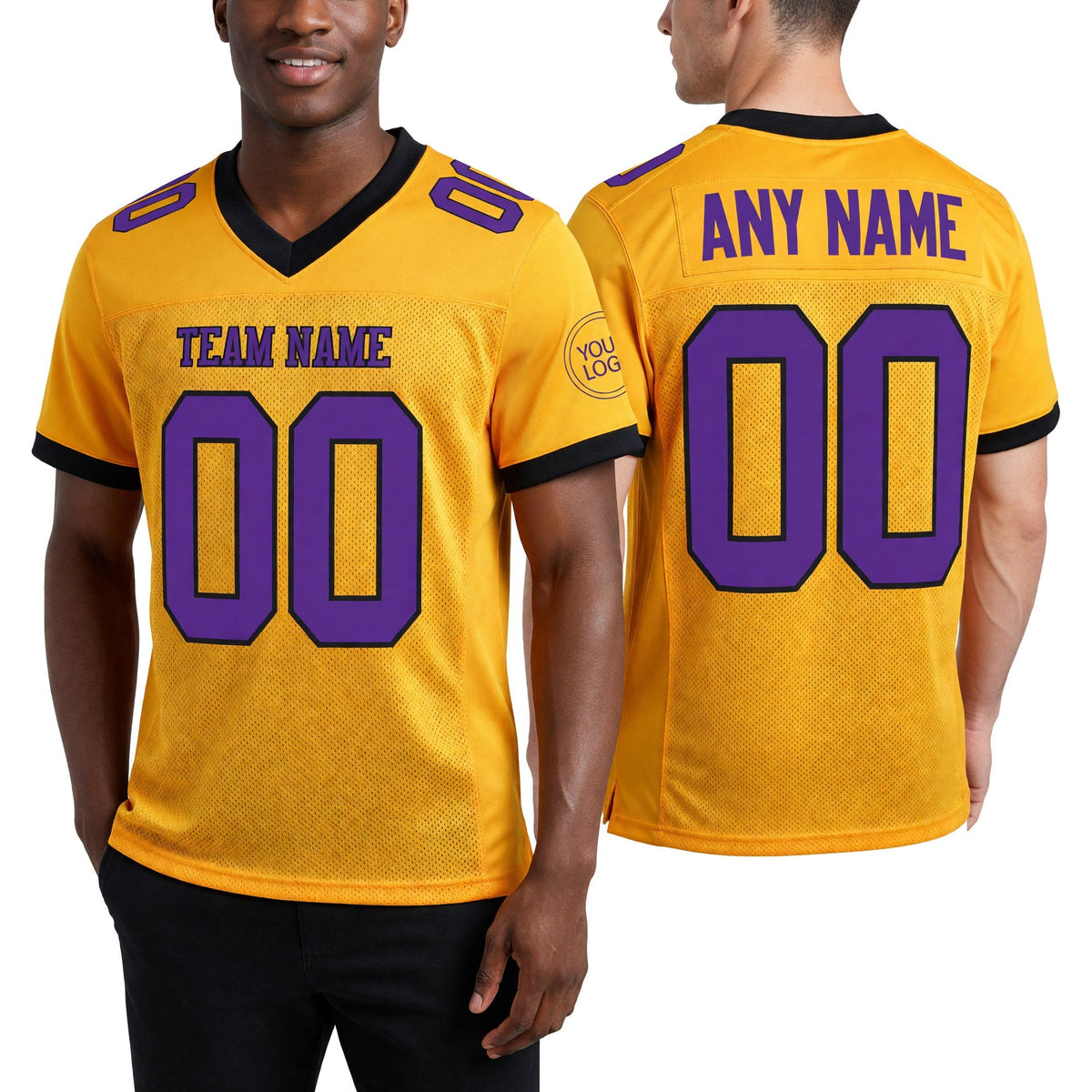 Custom Old Gold Purple-Black Mesh Authentic Football Jersey worn front and back
