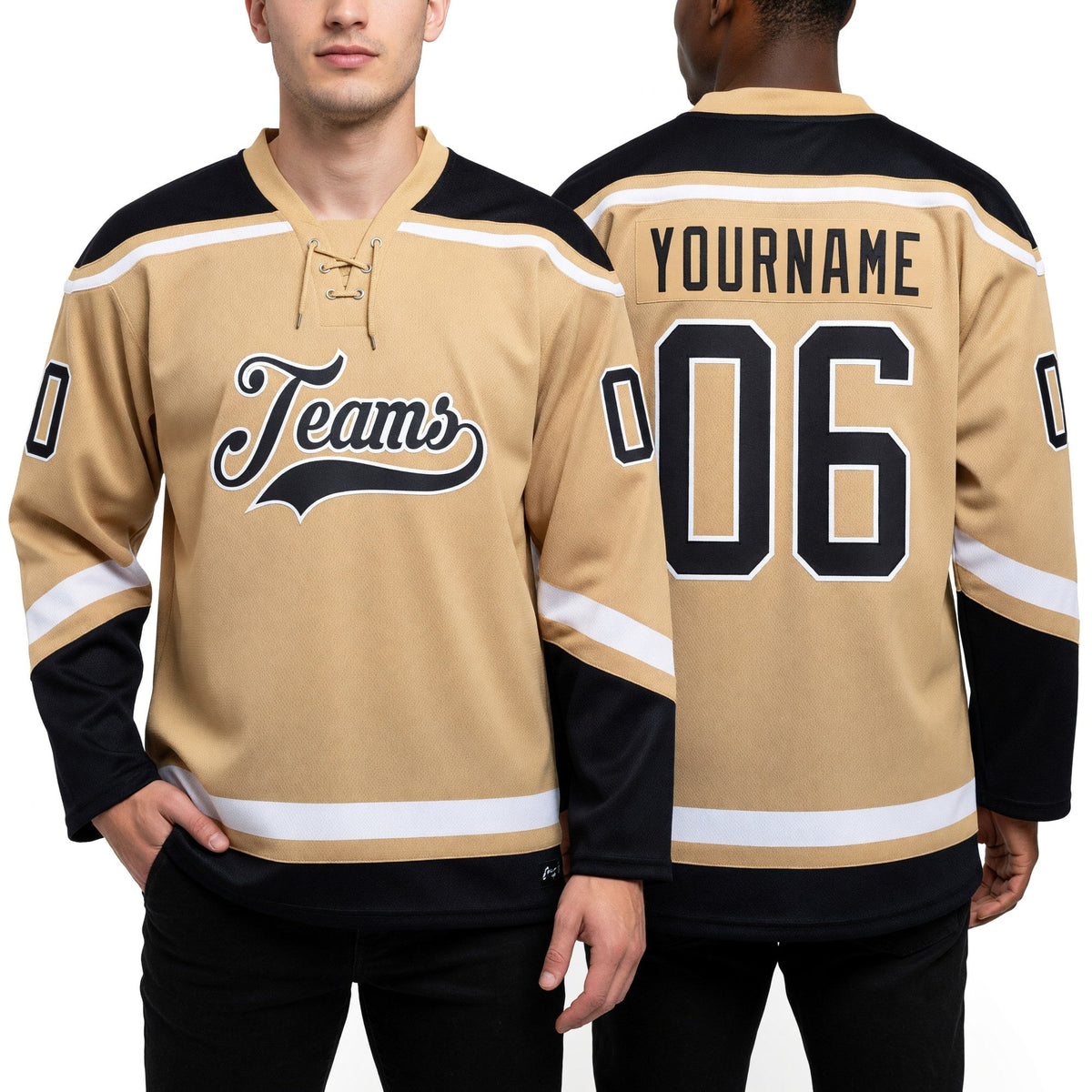 Custom Old Gold Black-White Hockey Lace Neck Jersey worn front and back