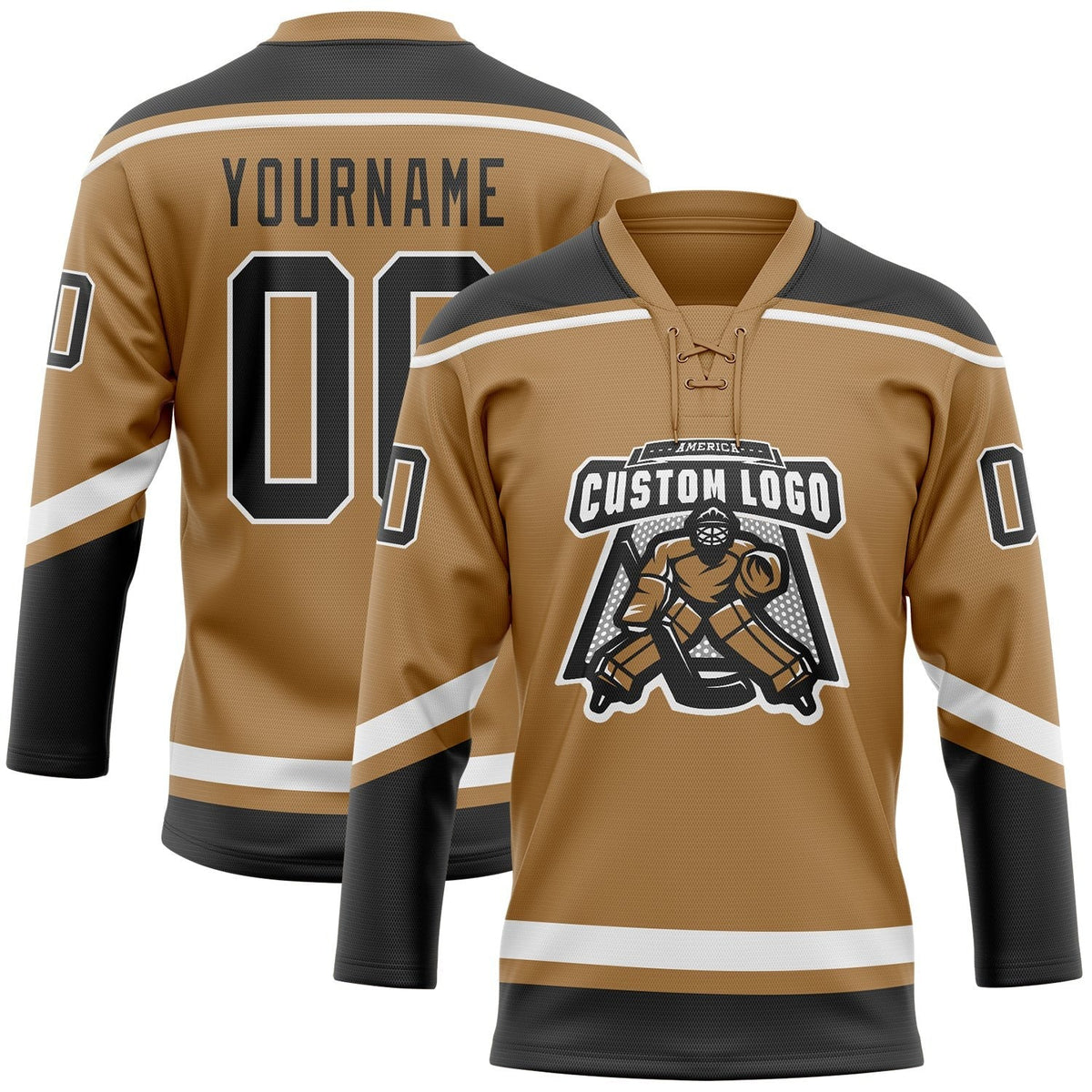 Custom Old Gold Black-White Hockey Lace Neck Jersey photo 2